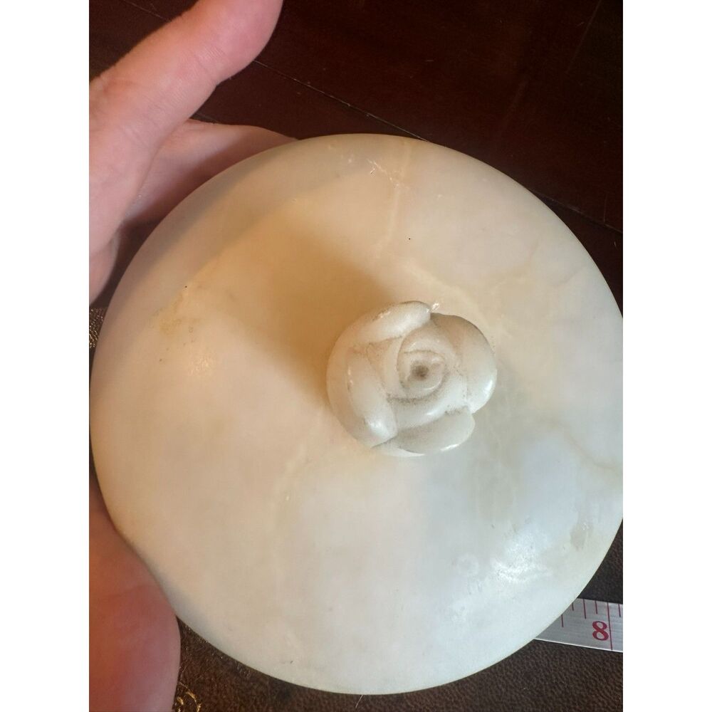 Vintage Hand-Carved Italian Alabaster Powder Jar with Original Puff Rose Handle